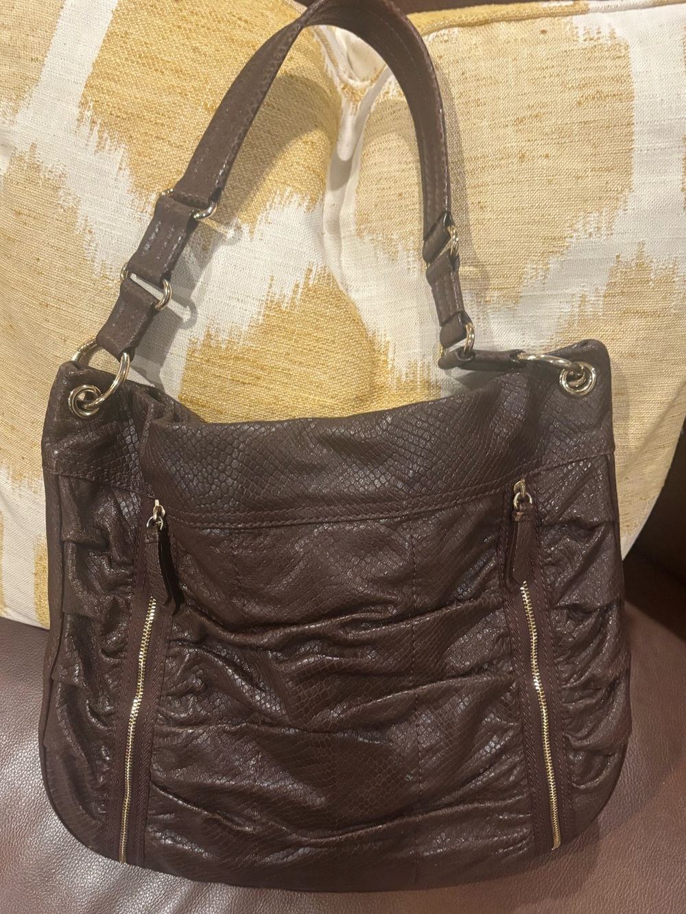 Cole Haan Brown Shoulder Bag - Classic Ruched Design with Snakeskin Print